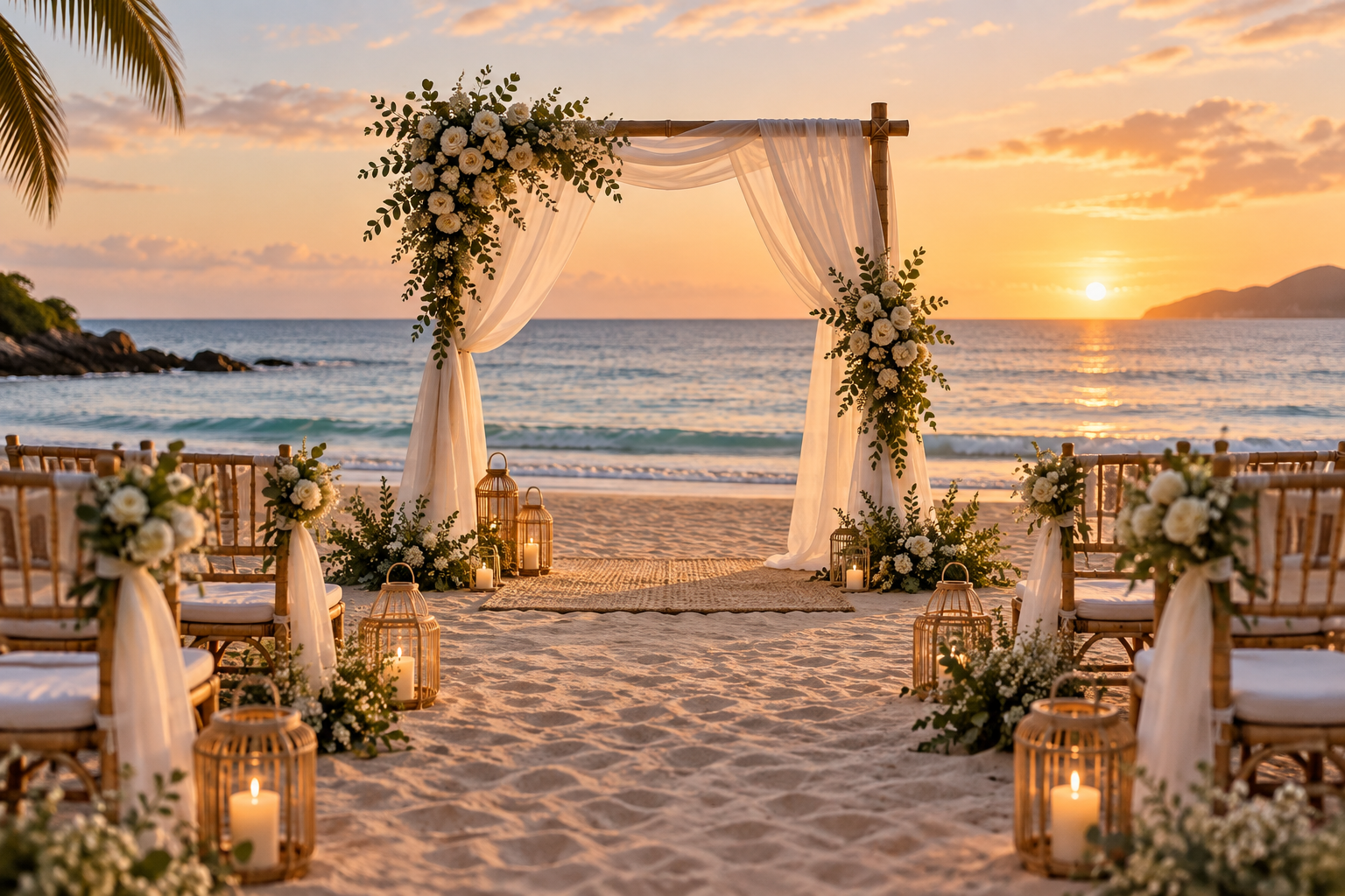 Montaje romántico para boda frente al mar